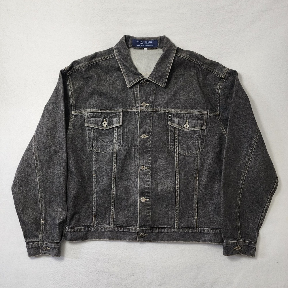 Vintage 90s Guess Denim Jacket Mens 3XL Black Gray Jean Made In USA Grunge Rock